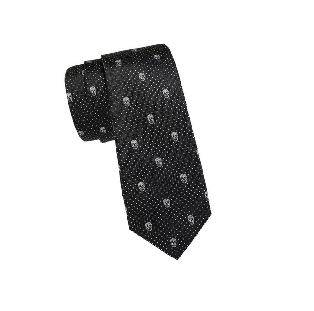 $325 NWT McQueen Skull Patterned Print 100% Silk Black White Slim Tie